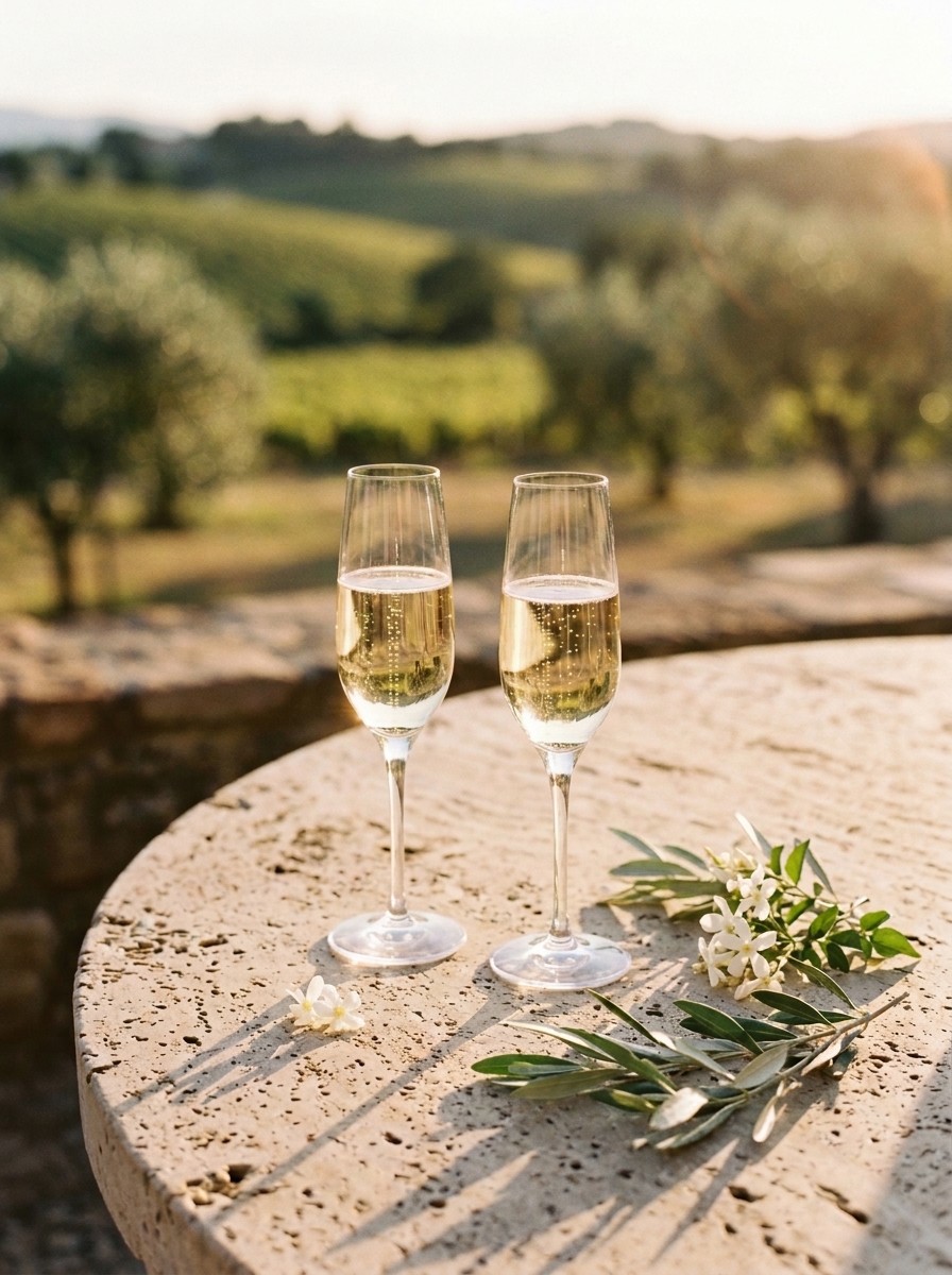 Flûtes de champagne au soleil couchant sur table en pierre face aux vignes